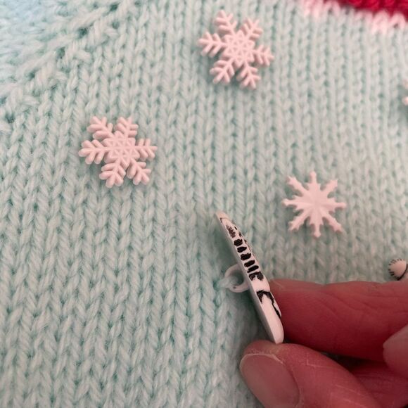 Handmade Knit Christmas Winter Sweater Snowflakes and Snowmen Charms Light Blue - Picture 8 of 10